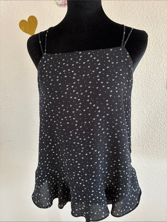 Loft petite Tops - Black Ditsy-Print Double-Strap Ruffle Hem Camisole